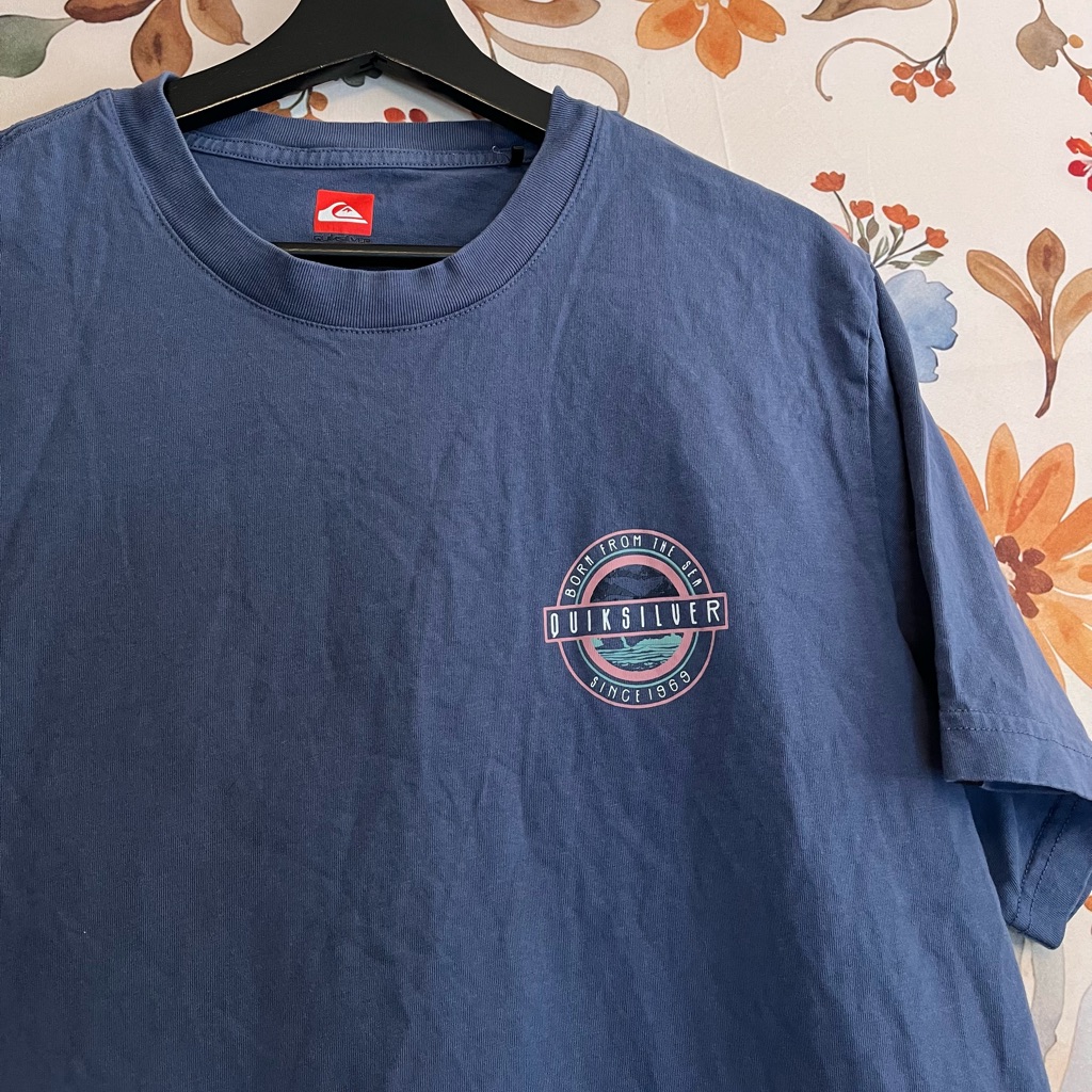 Quiksilver Womens L Blue Pink Graphic Classic Surfer Cali Spring Beach Tee